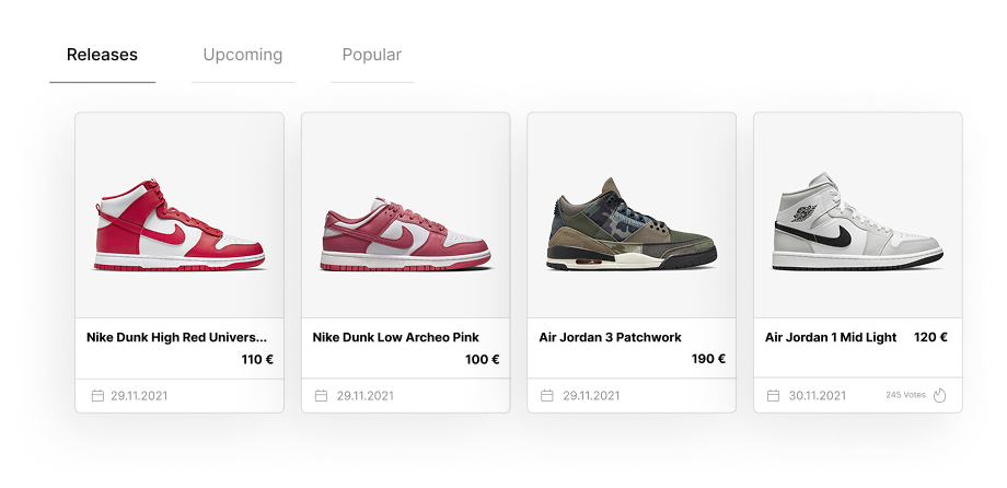 Ausschnitt der Grailify-Website mit Übersicht zu aktuellen, kommenden und beliebten Sneaker-Drops in einer gebündelten Darstellung.