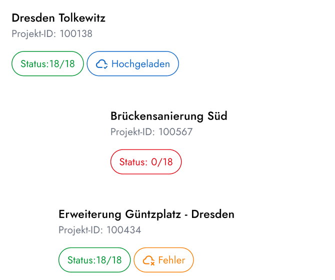 Übersicht von Baustellenprojekten mit Standortbezug, Projekt-ID und Statusanzeigen, die eine eindeutige Zuordnung und den aktuellen Bearbeitungsstand zeigen.