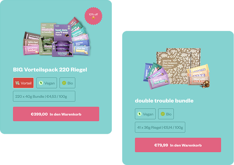 Produktkarten aus dem Treatfuls-Shop, die Produktdetails, Bundle-Infos und Kaufaktion in einer Ansicht kombinieren.