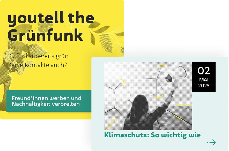 Teaser zur Aktion ‚youtell the Grünfunk‘ neben einer Blogartikel-Karte zum Thema Klimaschutz mit Windrädern und Datum.