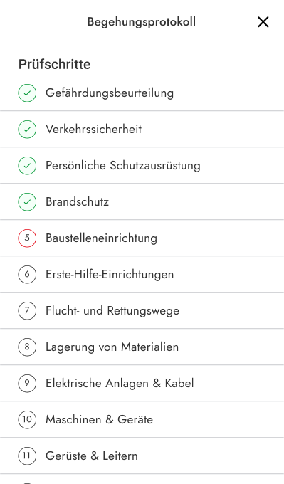 Übersicht eines digitalen Sicherheitsprotokolls mit geprüften und offenen Prüfschritten zur Analyse von Sicherheitsentwicklungen.