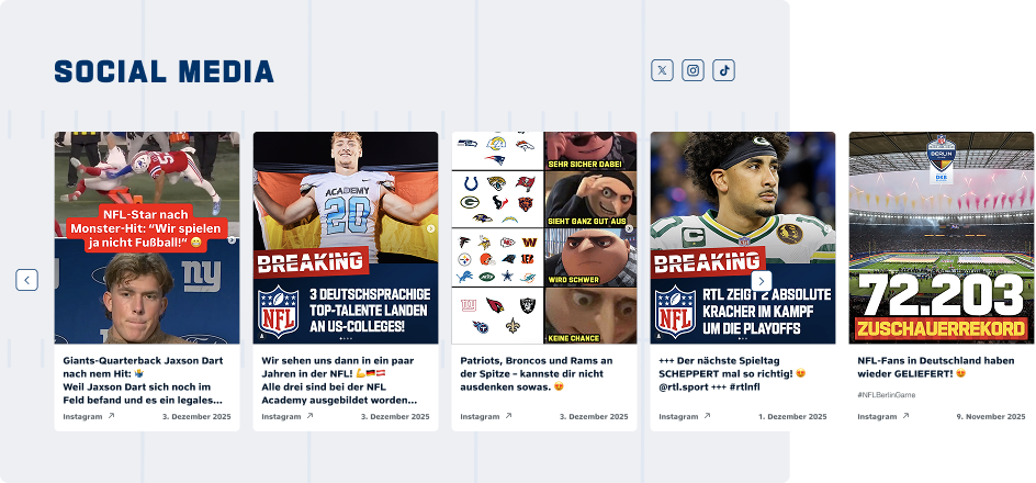 Darstellung der Social-Media-Sektion der NFL-Germany-Plattform als Teil der skalierbaren, modularen Webarchitektur