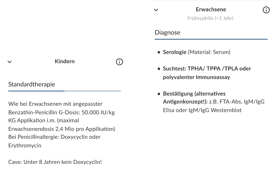 UI-Ausschnitt der DSTIG-App mit strukturierten Leitlinieninhalten zu STI-Diagnose und Standardtherapie, getrennt nach Erwachsenen und Kindern und übersichtlich in Karten dargestellt.