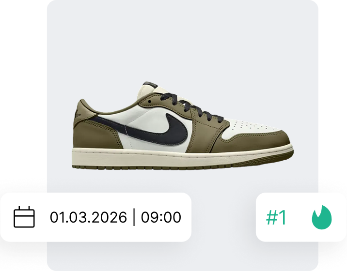 Sneaker-Produktkarte mit exaktem Release-Zeitpunkt und Anzeige des aktuellen Trend-Rankings.