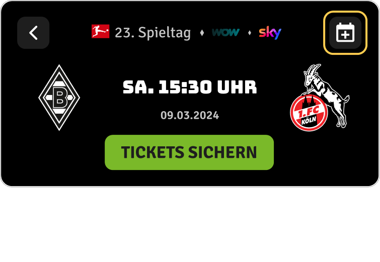 Fokussiertes Kalender-Icon im Spielkarten-Header mit zugehörigem Screenreader-Alt-Text zum Eintragen des Spieltermins in den Kalender.