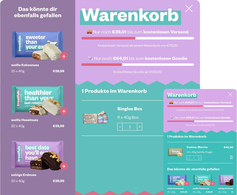 Warenkorbansicht von Treatfuls in Desktop- und mobiler Darstellung mit klarer Struktur, Produktempfehlungen und reduzierten Schritten für einen reibungslosen Checkout.