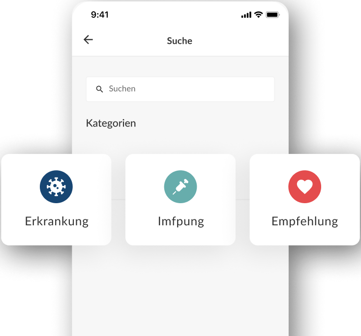 Reduziertes Such-Interface der DSTIG-App mit fokussierten Kategorienkarten für Erkrankungen, Impfungen und Empfehlungen zur schnellen Orientierung.