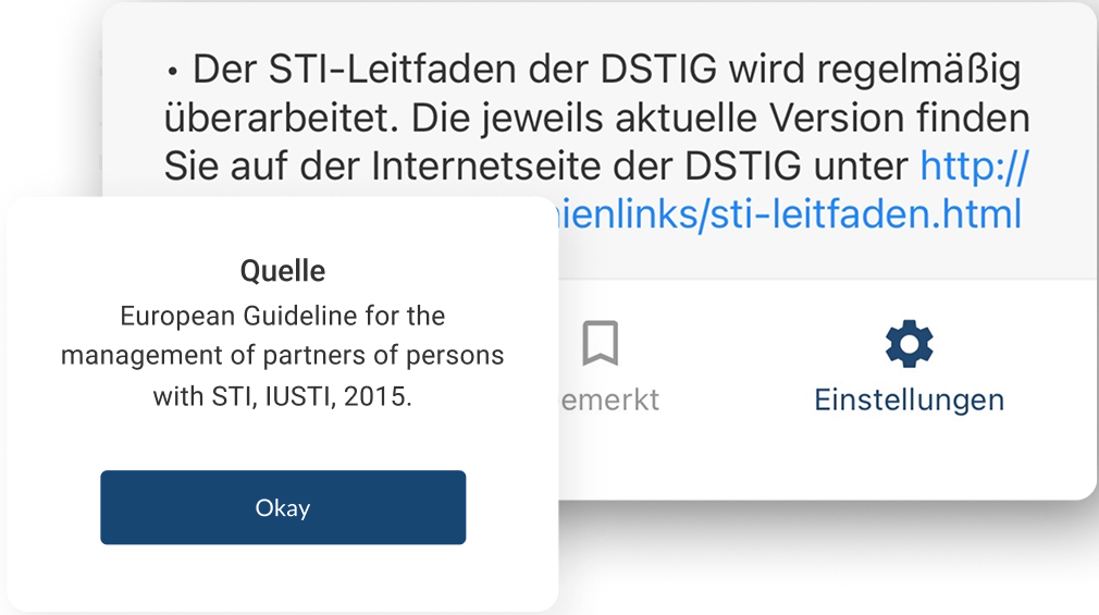 Informationskarte in der DSTIG-App mit aktueller Quellenreferenz zu STI-Leitlinien, die die kontinuierliche Pflege und Aktualisierung der Inhalte zeigt.