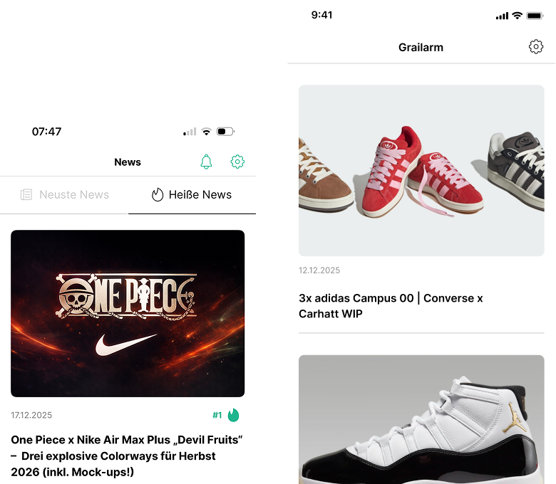 Übersicht aus Grailify-News und Grail-Alarm-Artikeln mit redaktionell aufbereiteten Informationen zu aktuellen und kommenden Sneaker-Drops.