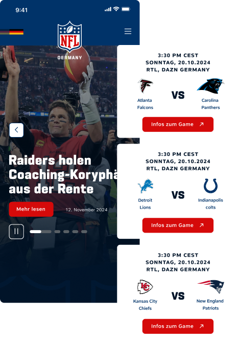 Smartphone-Ansicht der NFL-Germany-Plattform mit übersichtlicher Navigation, News und Spielterminen