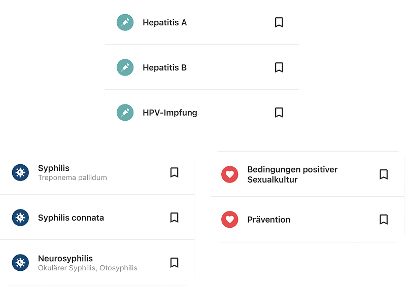 Modular strukturierte Kartenansicht der DSTIG-App mit klar getrennten Inhalten zu Erkrankungen, Impfungen und Prävention als Basis für langfristige Erweiterbarkeit.