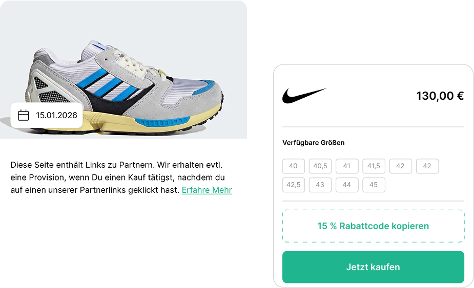 Darstellung eines Sneaker-Angebots mit Affiliate-Hinweis und verlinktem Shop, über den Käufe provisionsbasiert an Graylify weitergeleitet werden.    