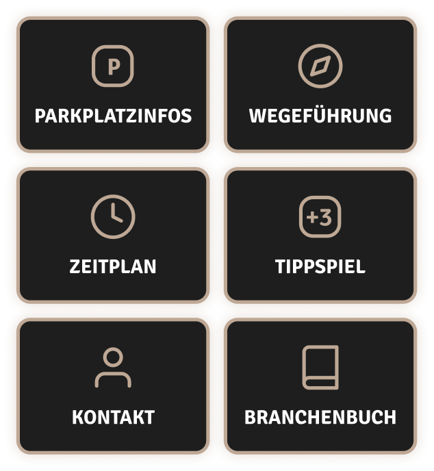 Erweiterbare Fohlen App Module wie Parkplatzinfos, Wegführung, Zeitplan, Tippspiel und Branchenbuch