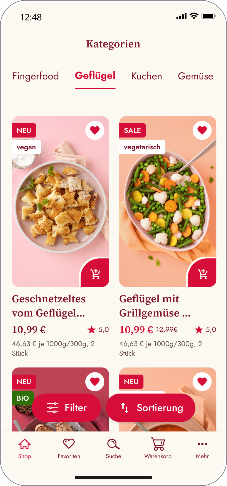Produktübersicht in der Eismann App mit Filter und Sortierung.
