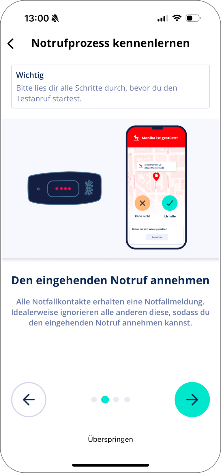 Erklärender Screen im Onboarding, der zeigt, wie Notfallkontakte einen eingehenden Notruf entgegennehmen können.