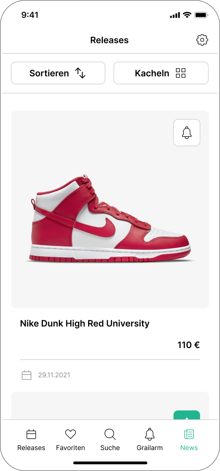 Releases-Ansicht der Grailify-App mit Sneaker-Drops im Listenformat inklusive Preis- und Datumsangaben.