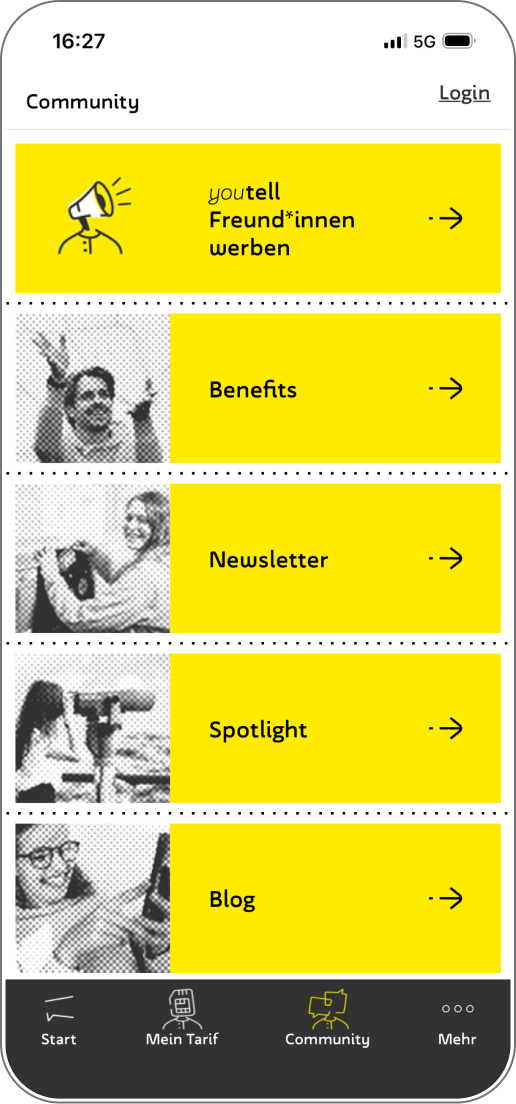 Community-Menü mit Einstiegen zu Freund*innen werben, Benefits, Newsletter, Spotlight und Blog.
