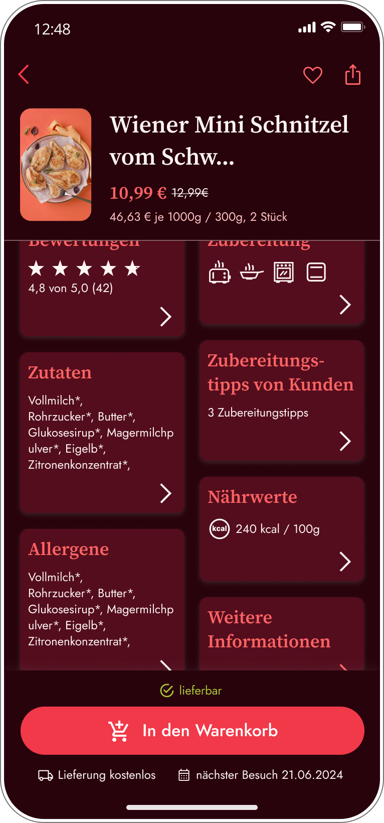 Produktdetailansicht der Eismann App mit Preis, Bewertung, Zubereitungsarten, Zutaten, Allergenen, Nährwerten und direktem Warenkorb-Button.