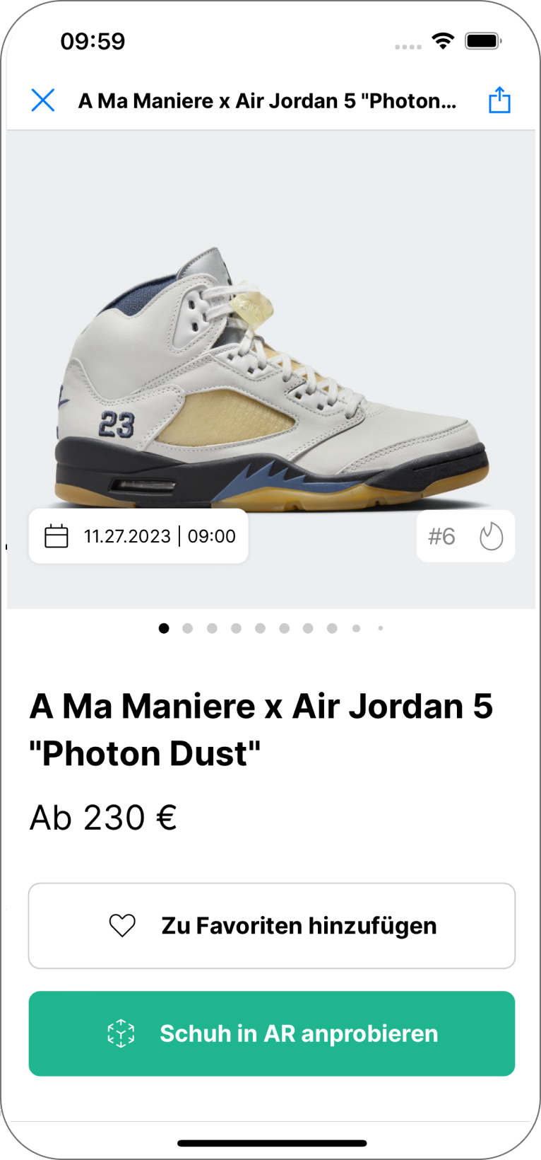 Detailansicht eines Sneakers mit Produktbild, Release-Datum, Preis und Option zum Merken oder Favorisieren.