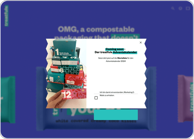 Overlay zur Anmeldung für einen digitalen Adventskalender mit Fokus auf Aktion, Überraschung und saisonale Kampagne.