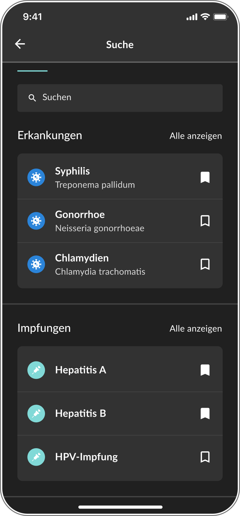 Suchansicht der DSTIG-App im Dark Mode mit Ergebnislisten zu Erkrankungen und Impfungen.