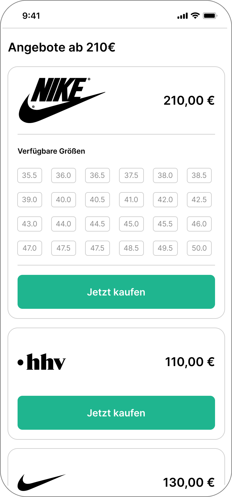 Übersicht verschiedener Händlerangebote zu einem Sneaker mit Preisen, verfügbaren Größen und direkter Weiterleitung zu Shops.