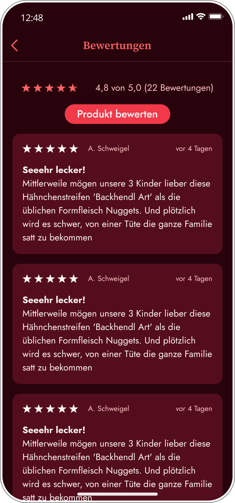 Bewertungsübersicht mit Kundenrezensionen in der Eismann App.