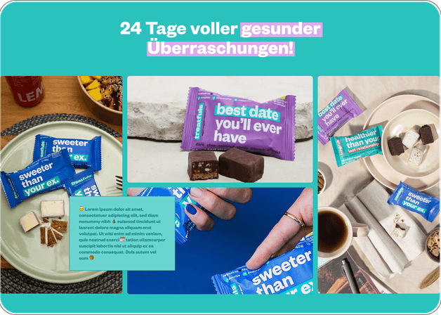 Bildcollage aus Produktaufnahmen und Alltagsszenen, die Genuss, Nutzung und Markenwelt von Treatfuls zeigt.