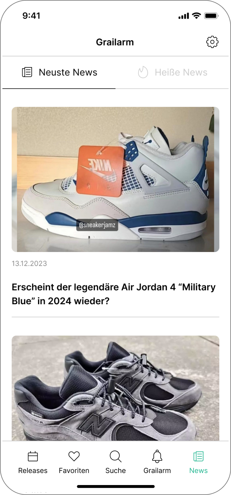 Grail-Alarm-Seite der Grailify-App mit aktuellen Sneaker-News und Hinweisen auf kommende Releases.