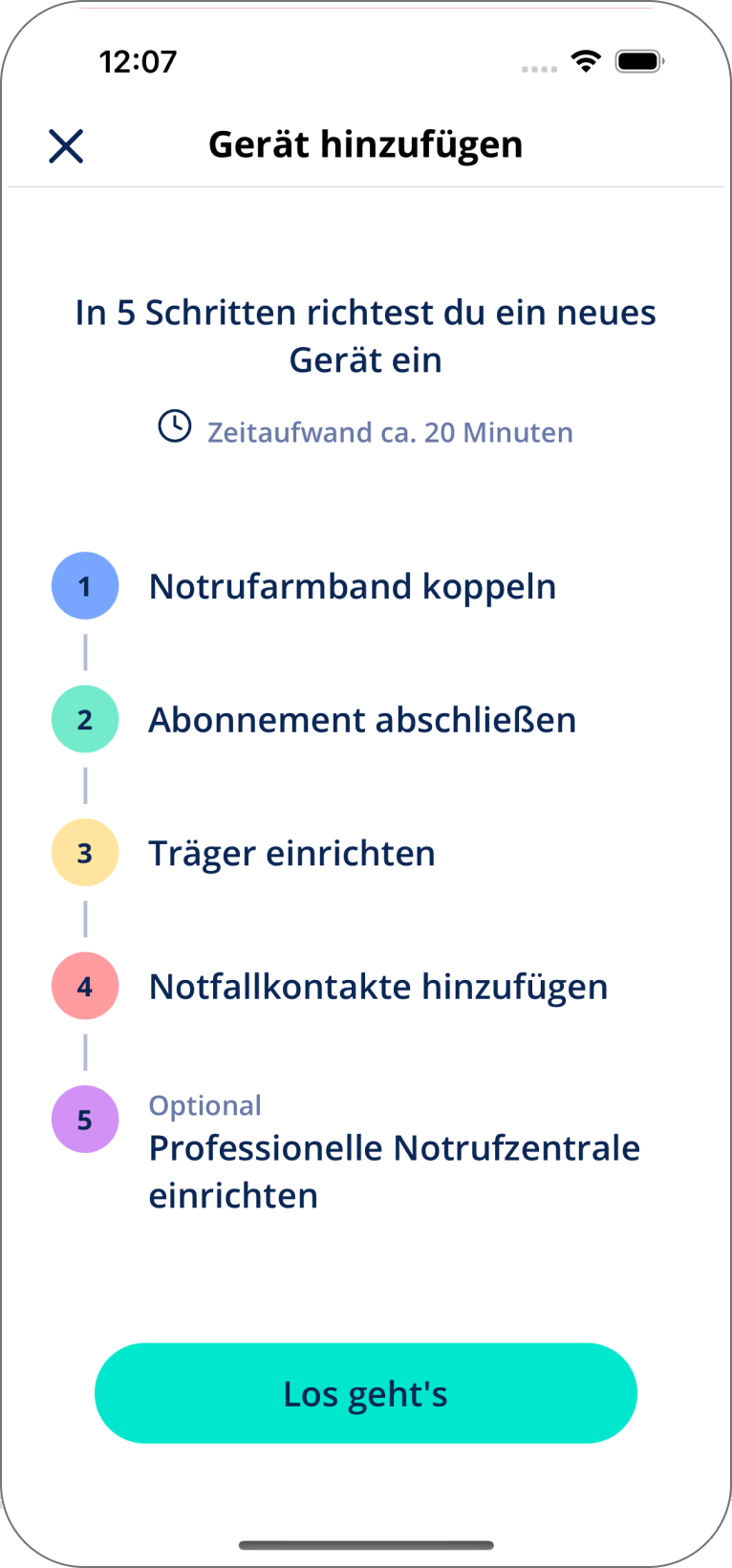 Onboarding-Screen, der die Einrichtung eines neuen Notrufarmbands Schritt für Schritt erklärt.