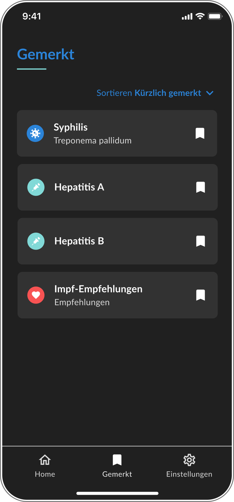 Gefüllte Merkliste der DSTIG-App im Dark Mode mit gespeicherten Erkrankungen, Impfungen und Empfehlungen.