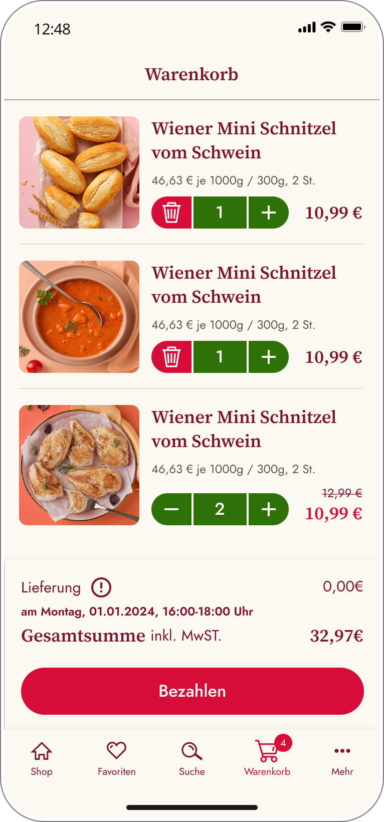 Warenkorbansicht der Eismann App mit Mengensteuerung, Preisübersicht und direktem Einstieg in den Bezahlprozess.