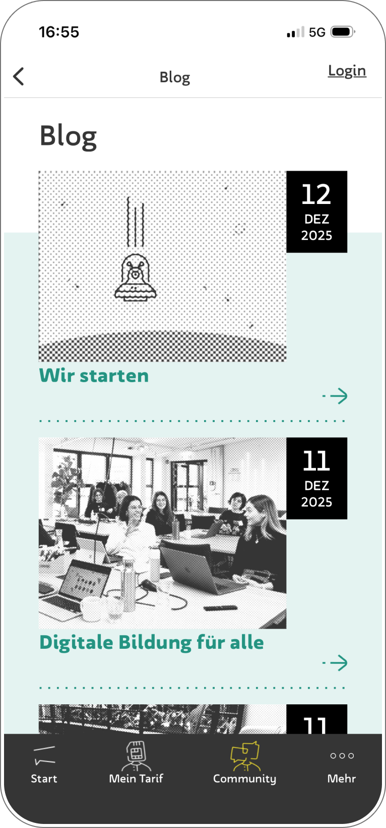 Blog-Übersicht mit Artikeln und Datumsmarken.