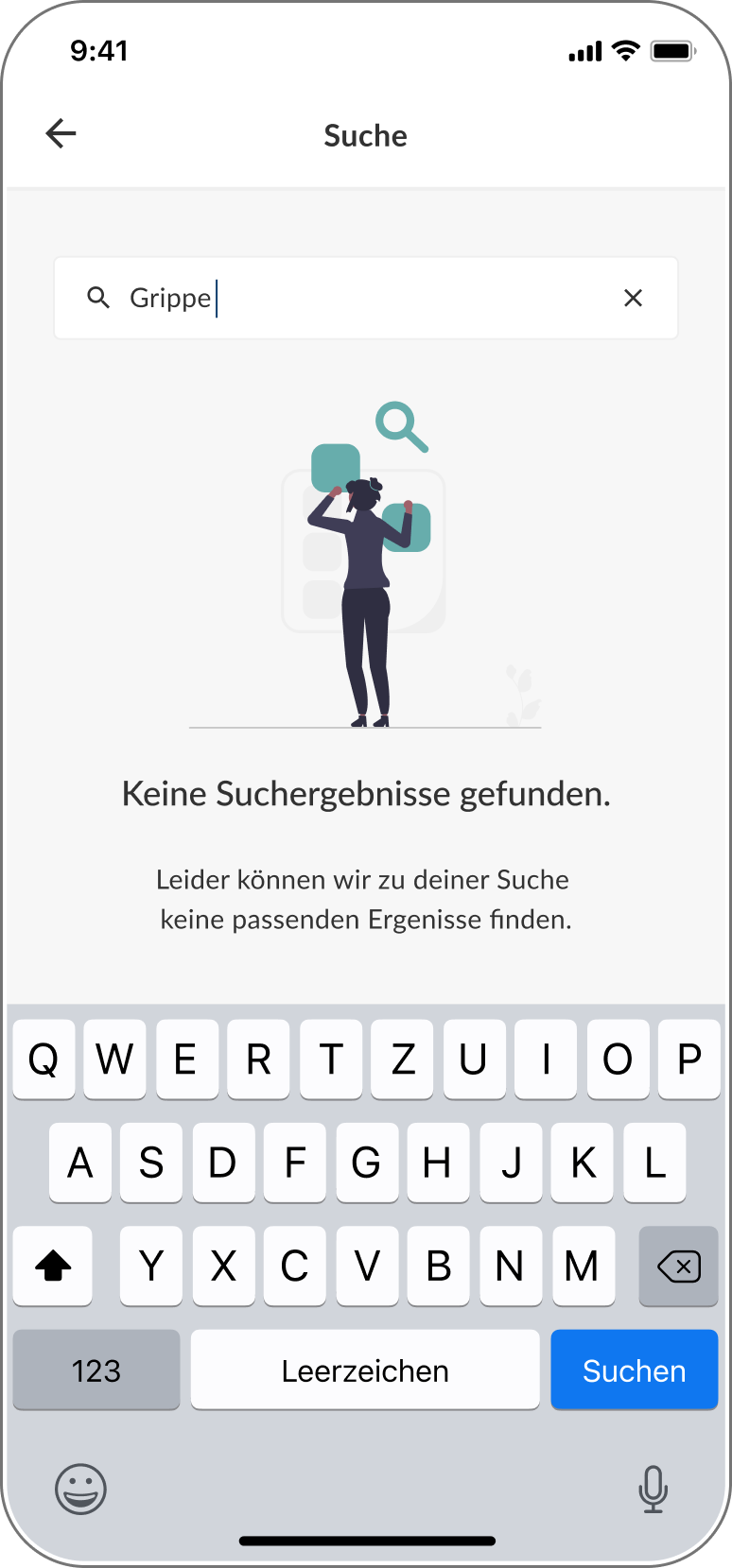 Aktive Sucheingabe in der DSTIG-App mit Tastatur und Anzeige eines Suchergebnisses.