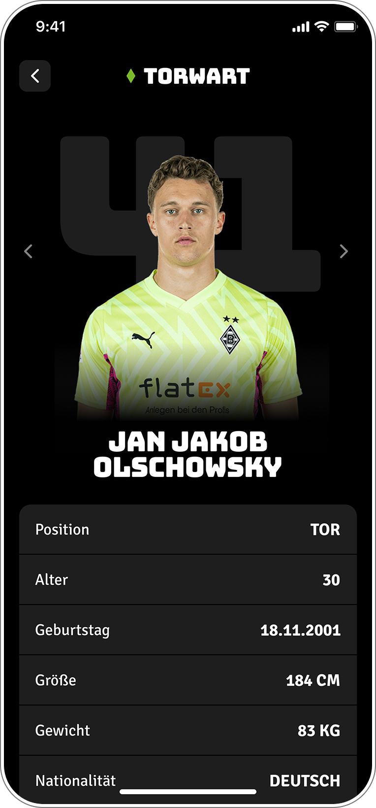 Spielerprofil mit Porträt und zentralen Spielerinformationen wie Position und persönlichen Daten.