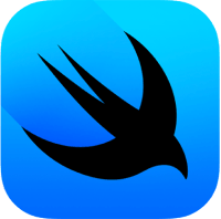 Logo von Swift UI, dargestellt als ein stilisierter schwarzer Vogels auf einem blauen Hintergrund.